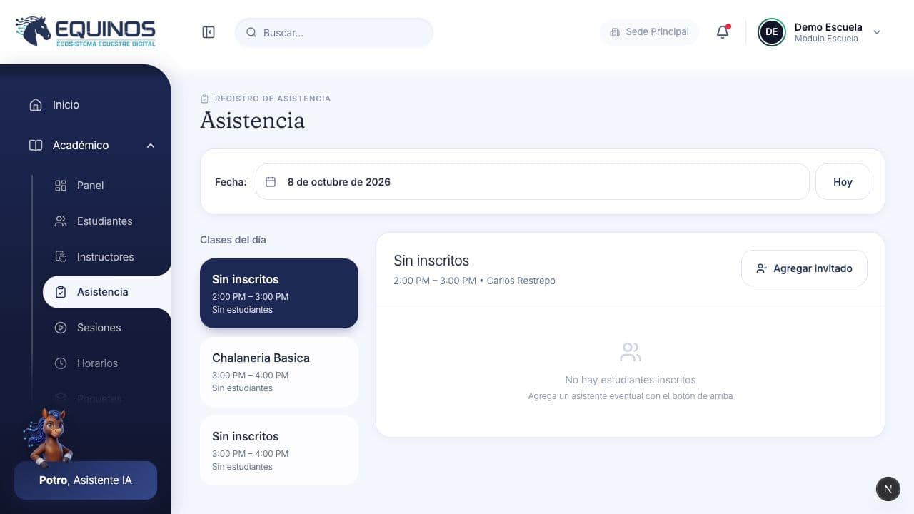 Vista de asistencia de Demo Escuela con clases del día y estado sin estudiantes inscritos