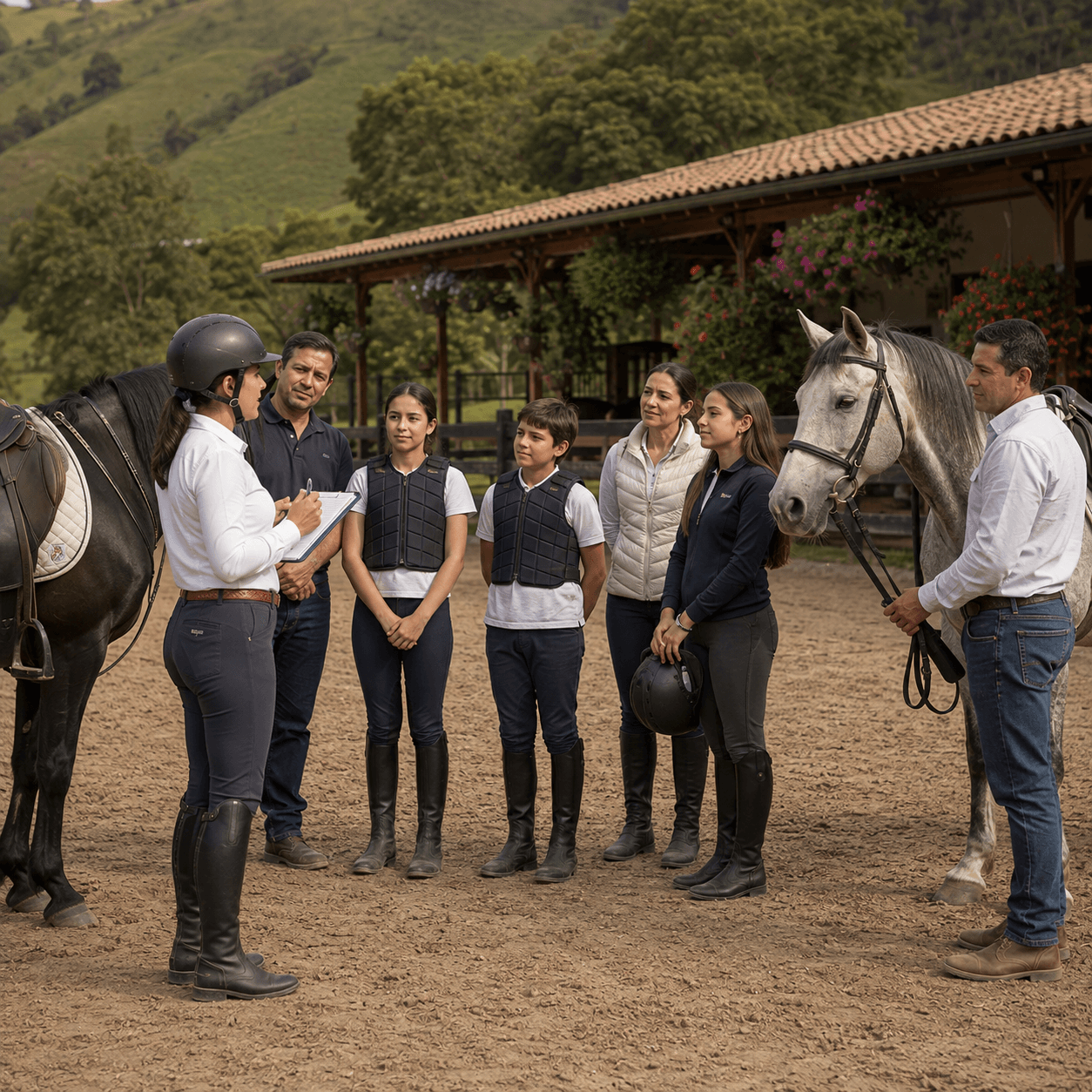 Instructora de equitación explicando reglamento a alumnos en escuela colombiana