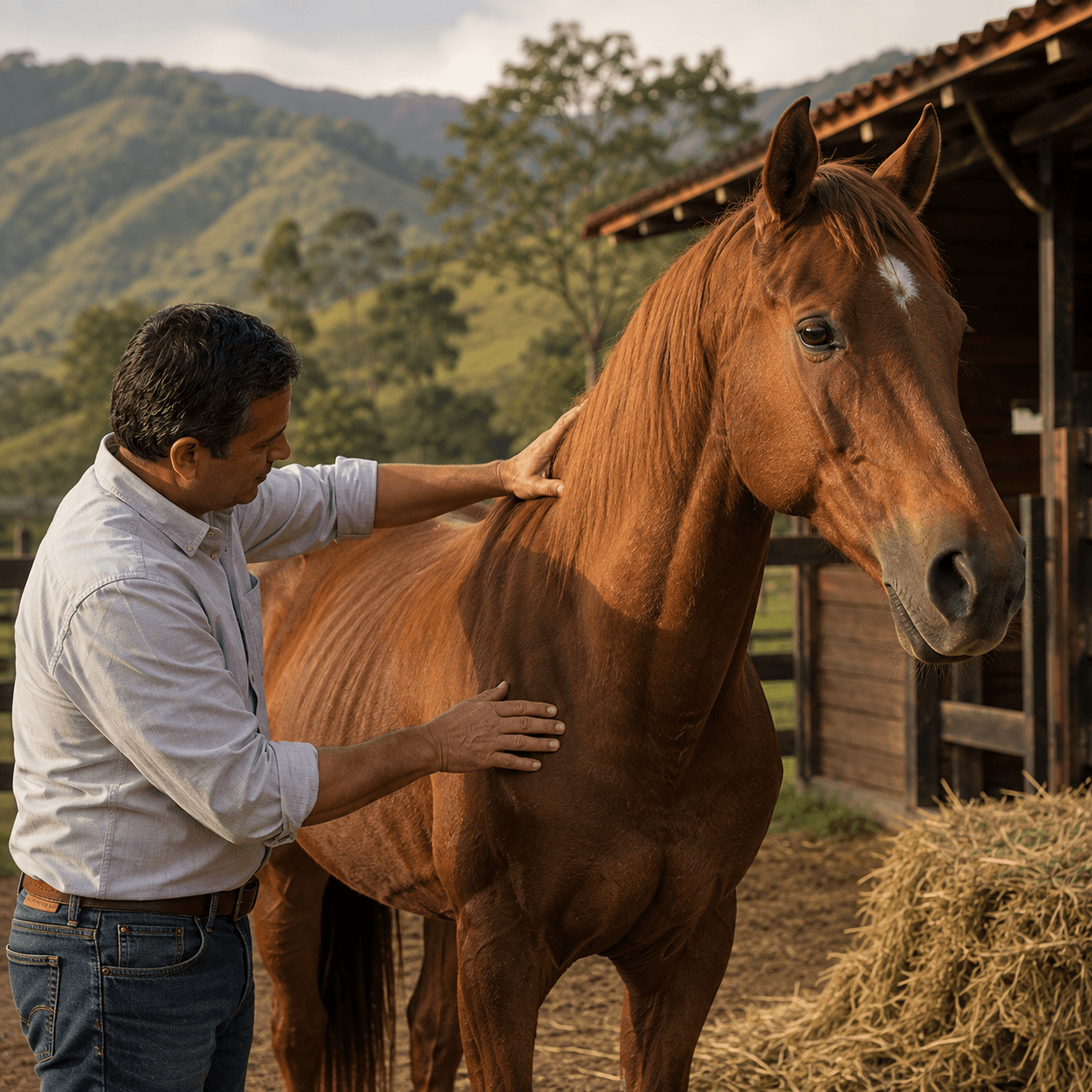 Propietario revisando condición corporal de caballo