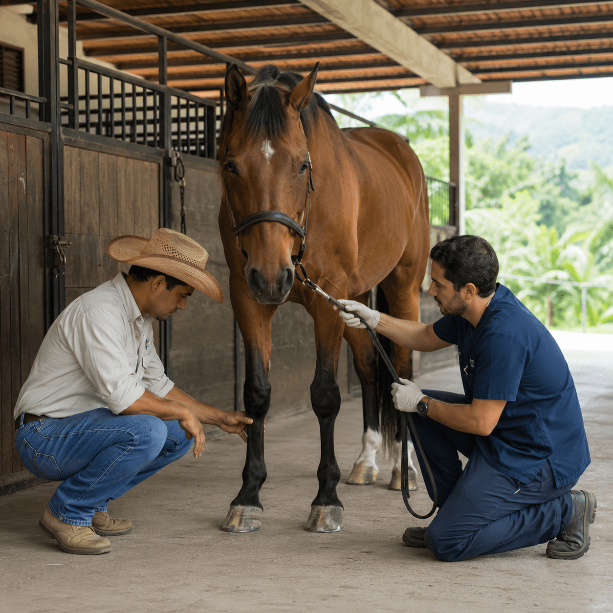 Veterinario revisando las patas de un caballo en Colombia